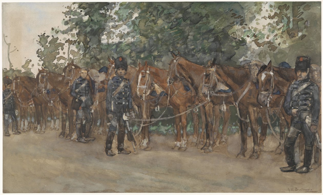 Husarer som står ved siden av hestene sine ved siden av veien av George Hendrik Breitner