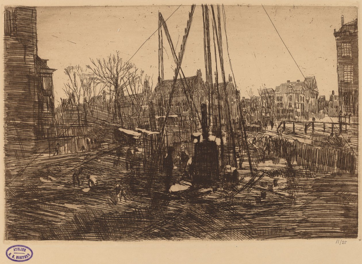 Scene i en nederlandsk by med Pile Driver i forgrunnen av George Hendrik Breitner