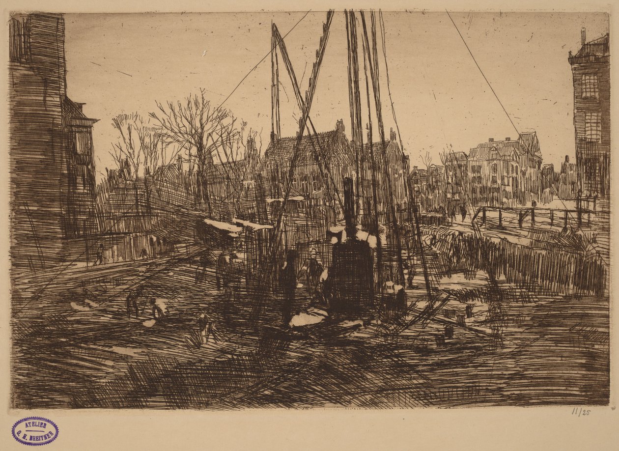 Scene i en nederlandsk by med pelhammer i forgrunnen av George Hendrik Breitner