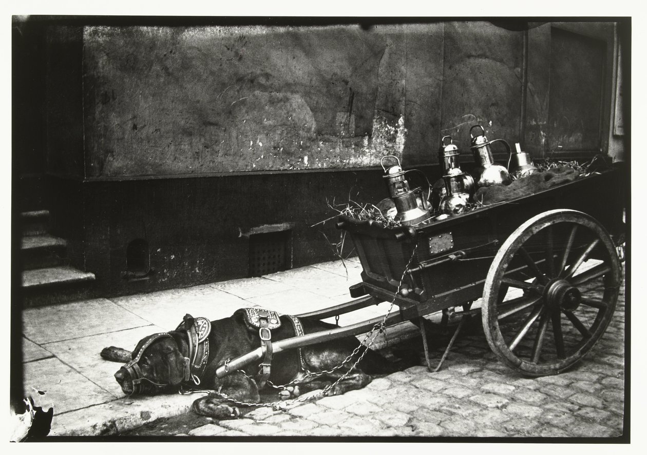 Trekker hund strukket foran en vogn med busser av George Hendrik Breitner
