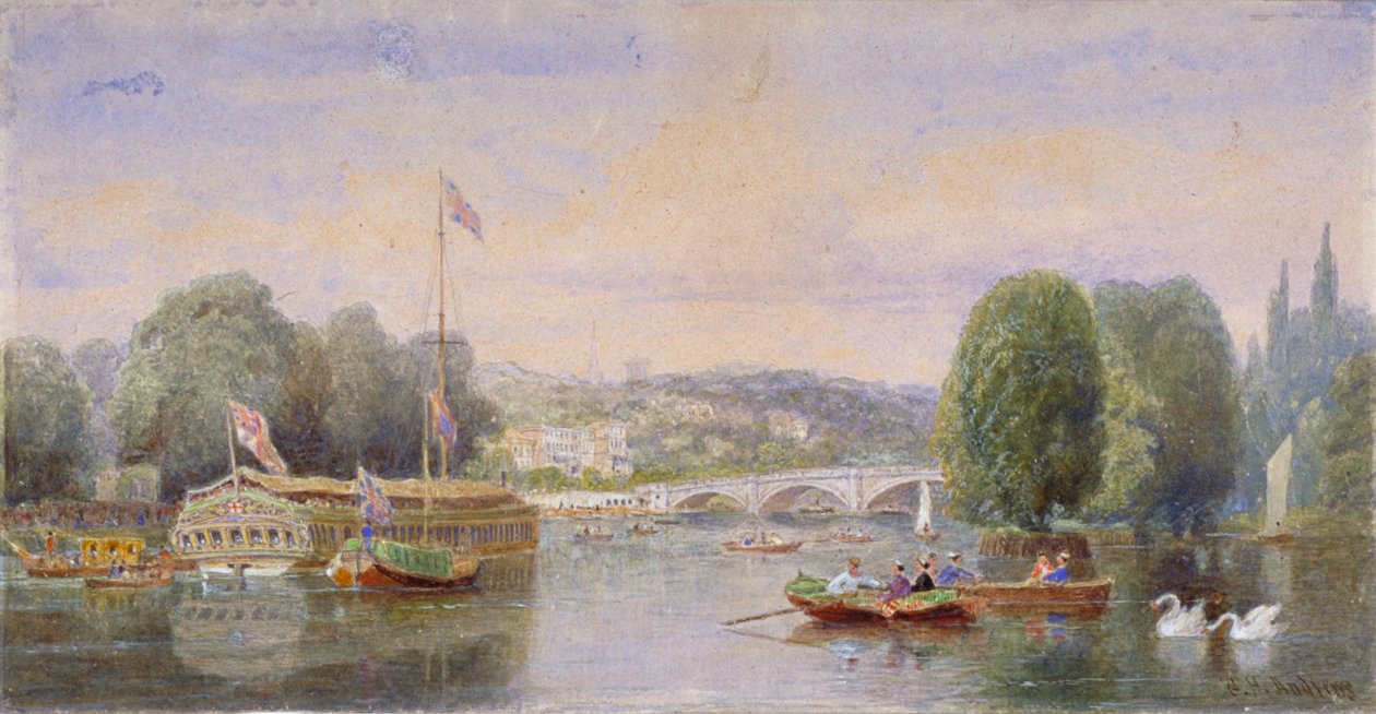 Themsen med Richmond Bridge og Richmond Hill i det fjerne, London, 1867 av George Henry Andrews