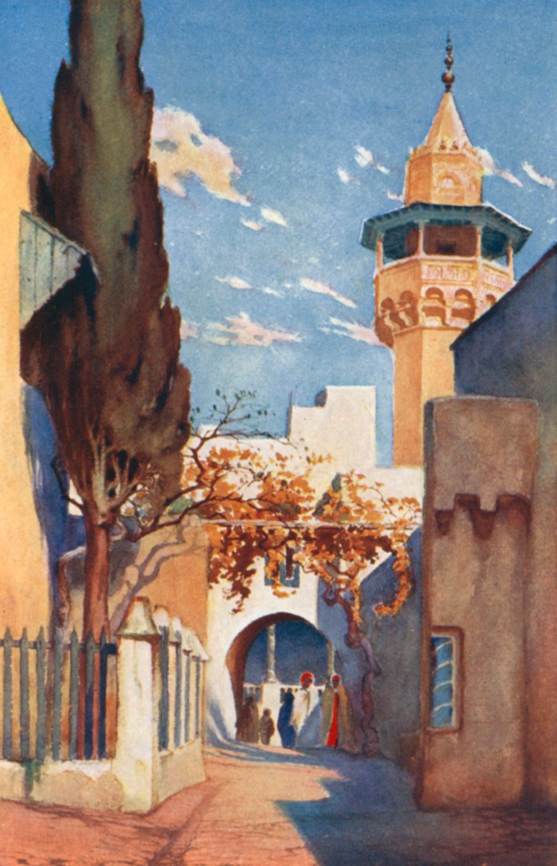 En moské i basaren i Tunis (fargelitografi) av George Henry Benton Fletcher