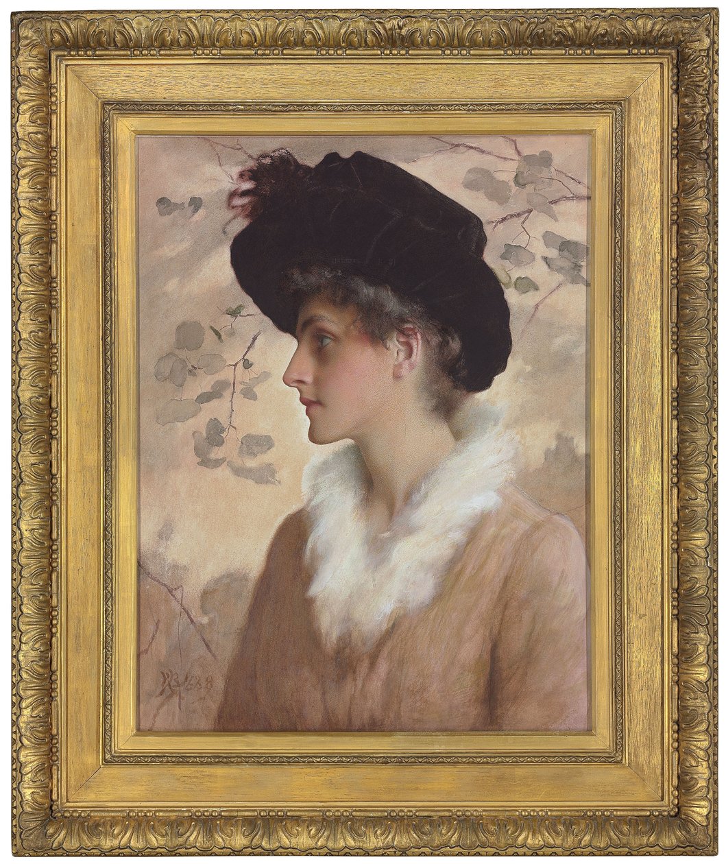 Portrett av en dame, halvlang, iført en svart hatt og pelsstol, 1888 av George Henry Boughton