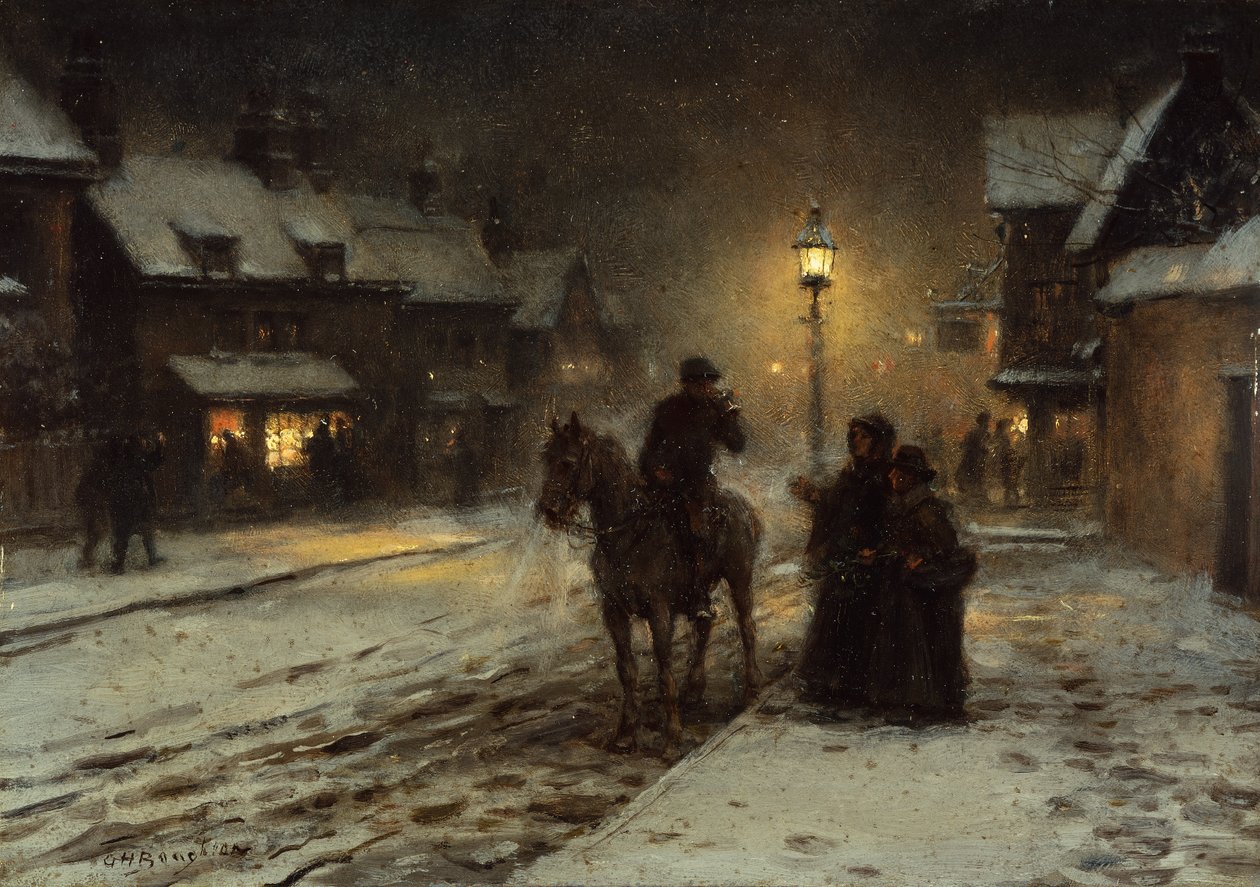 Vinterkveld (olje på panel) av George Henry Boughton