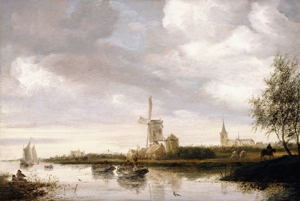 Et elvelandskap med lektere og seilbåter og en kirke utenfor av George Henry Clements