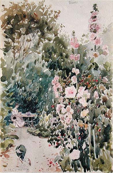 Tea in the Hollyhock Garden, Dives, ca. 1890 (akvarell og blyant på papir) av George Henry Clements