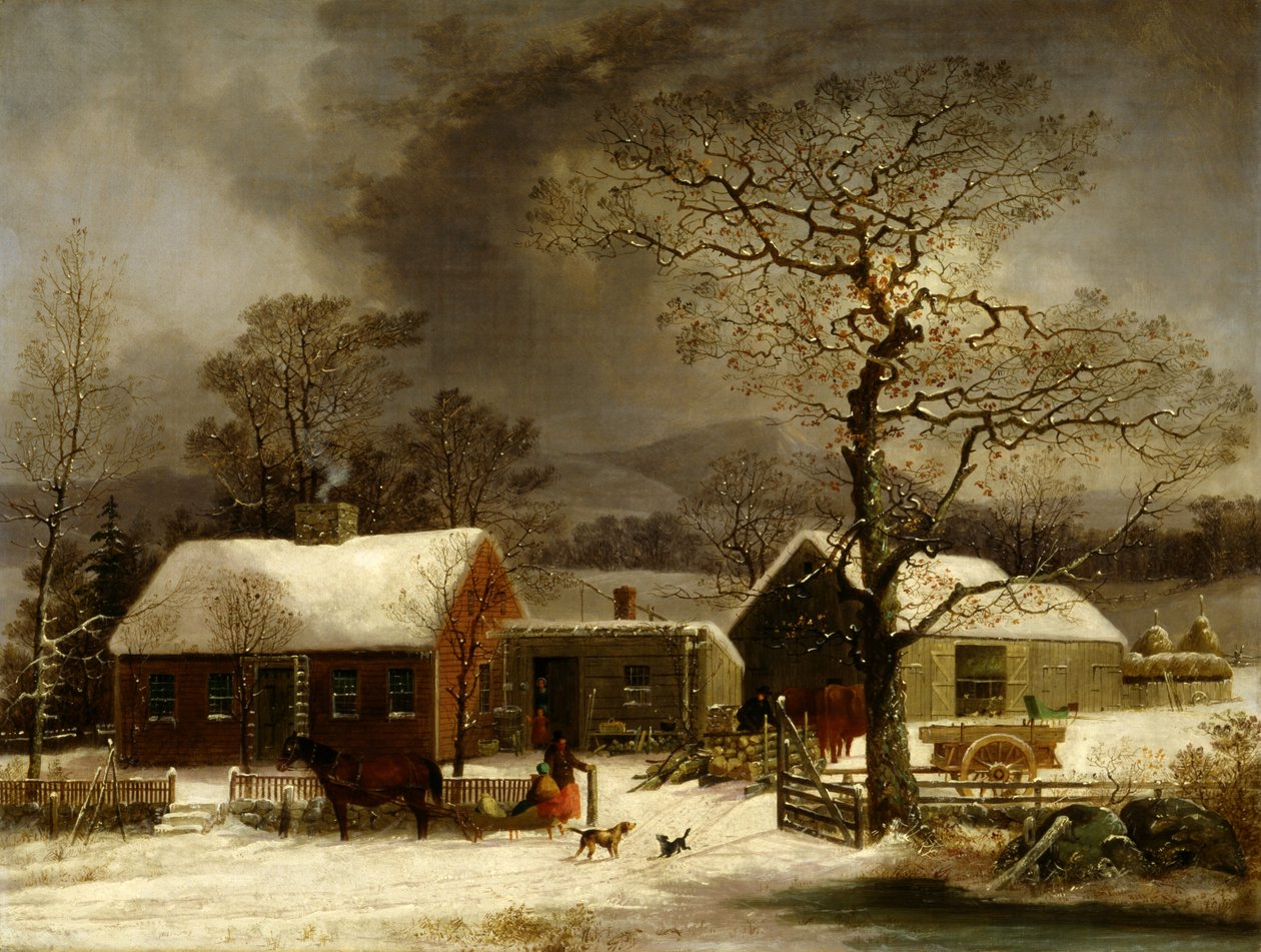 Winter Scene in New Haven, Connecticut, ca. 1858.    1181574   no       norwegian Successfully Translated  Original: Animaux (Animals). Monstres geants envahissant les rues dune ville. Oeuvre de Pavel Nikolayevich Filonov (1883-1941), huile sur papier Tran av George Henry Durrie