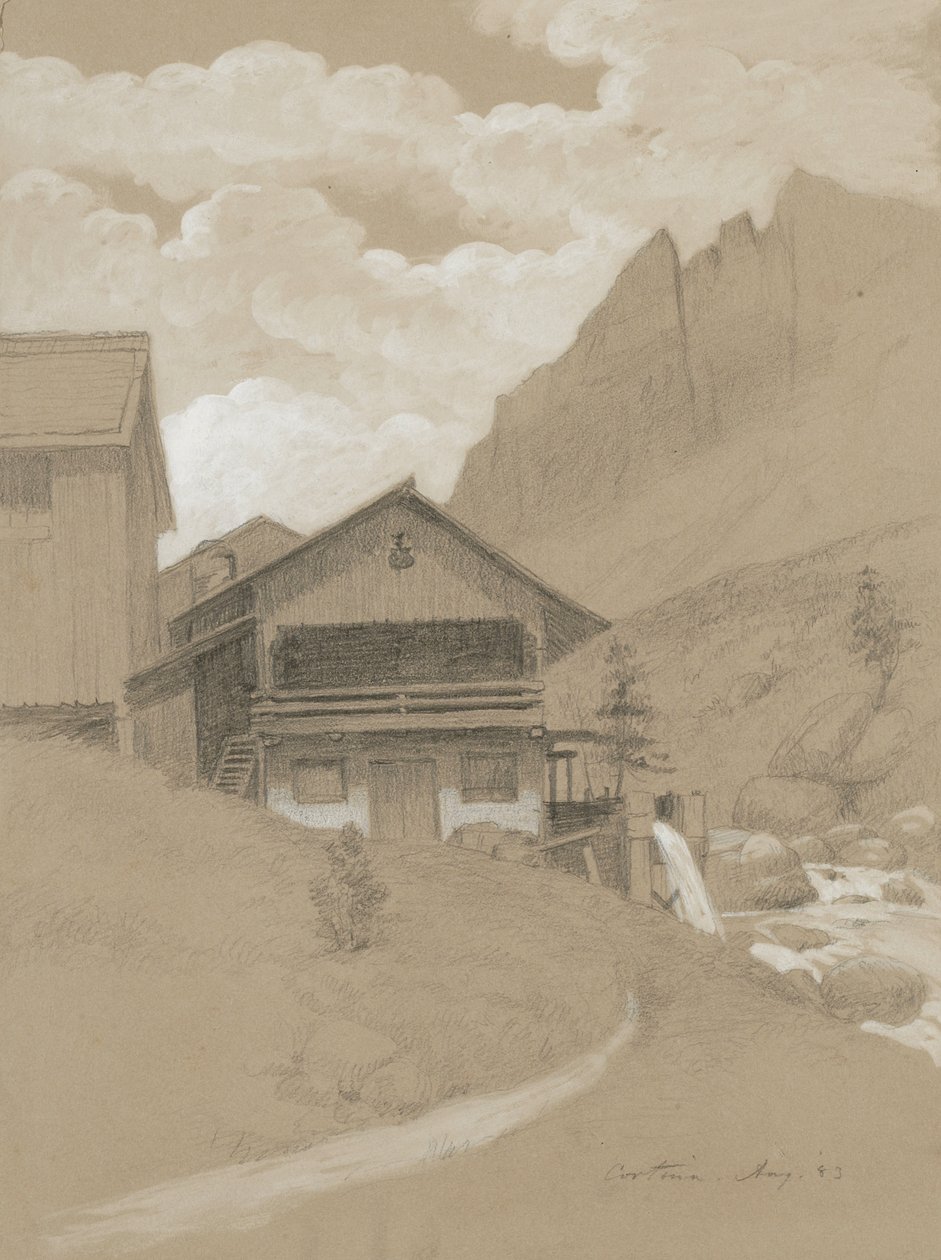 Hus i Alpene, Cortina, 1883 (grafitt med hvit gouache på brunt vevd papir) av George Henry Hall