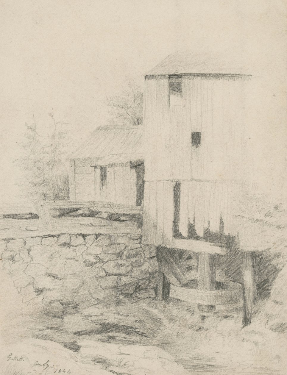 The Old Mill, 1846 (grafitt på brunfarget papir) av George Henry Hall