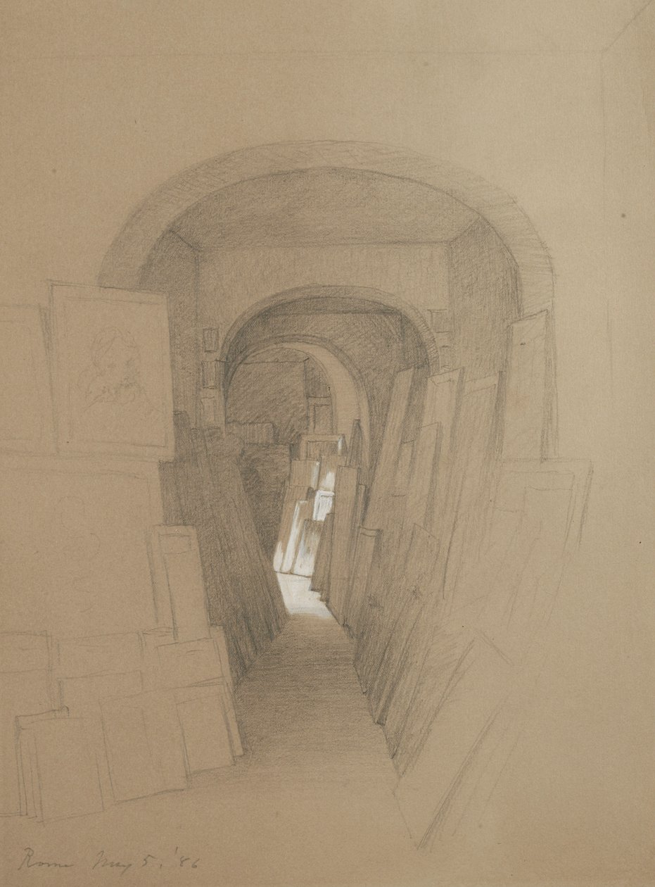 Uten tittel - Artists studio, Roma, 1886 (grafitt forsterket med hvit gouache på brunt vevd papir) av George Henry Hall