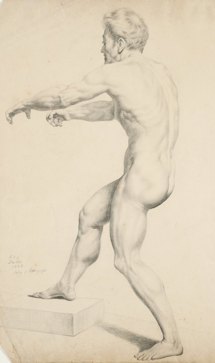 Uten tittel - Naken mann kopiert fra en litografi, 1842 (grafitt på brunfarget papir) av George Henry Hall
