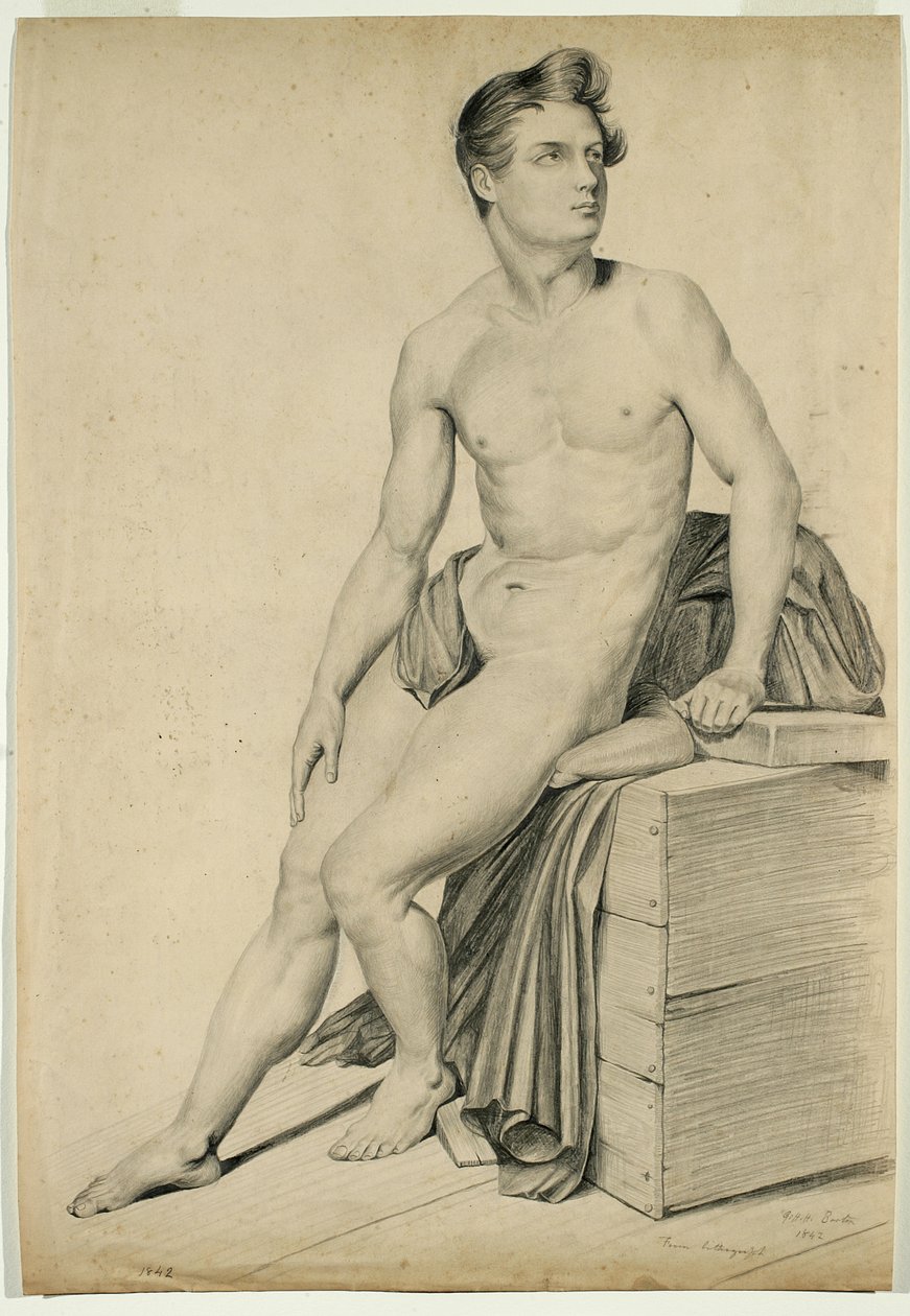 Uten tittel - Naken mann kopiert fra en litografi, 1842 (grafitt på brunfarget papir) av George Henry Hall