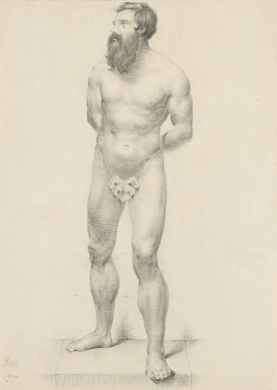 Uten tittel - Stående mannlig naken med fikenblad, 1844 (grafitt på brunfarget papir) av George Henry Hall