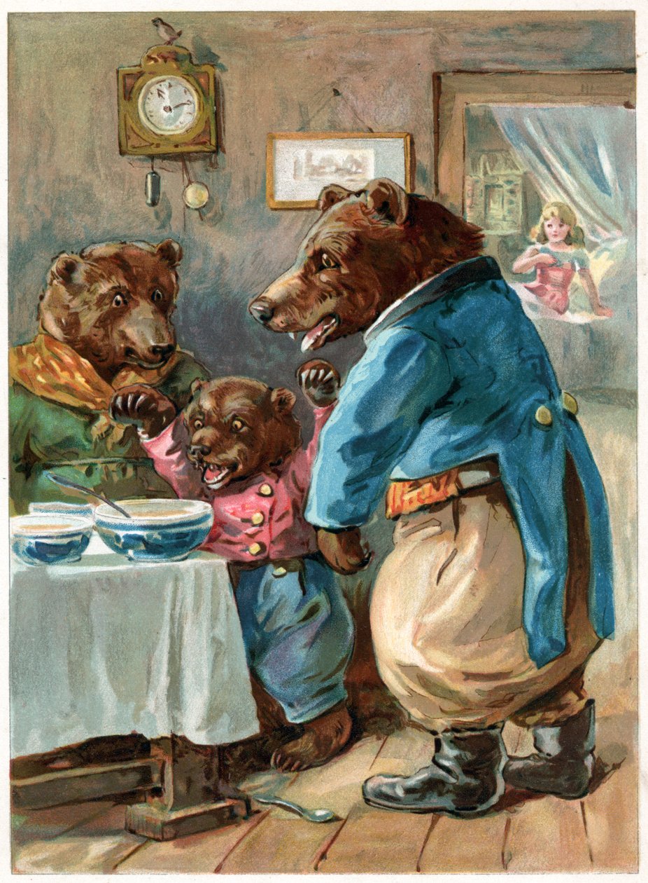 "Hvem har spist grøten min?", illustrasjon fra "Once Upon a Time" utgitt av Ernest Mister, ca. 1900 (farge litho) av George Henry Thompson