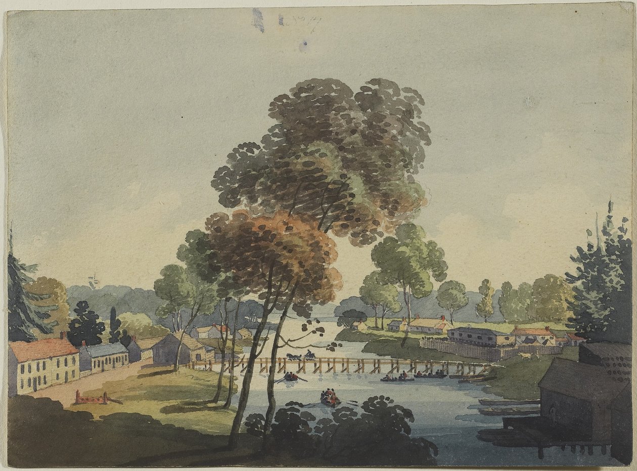 Landsbyen Chippawa nær Niagarafallene, ca. 1801 (wc på vevd papir) av George Heriot