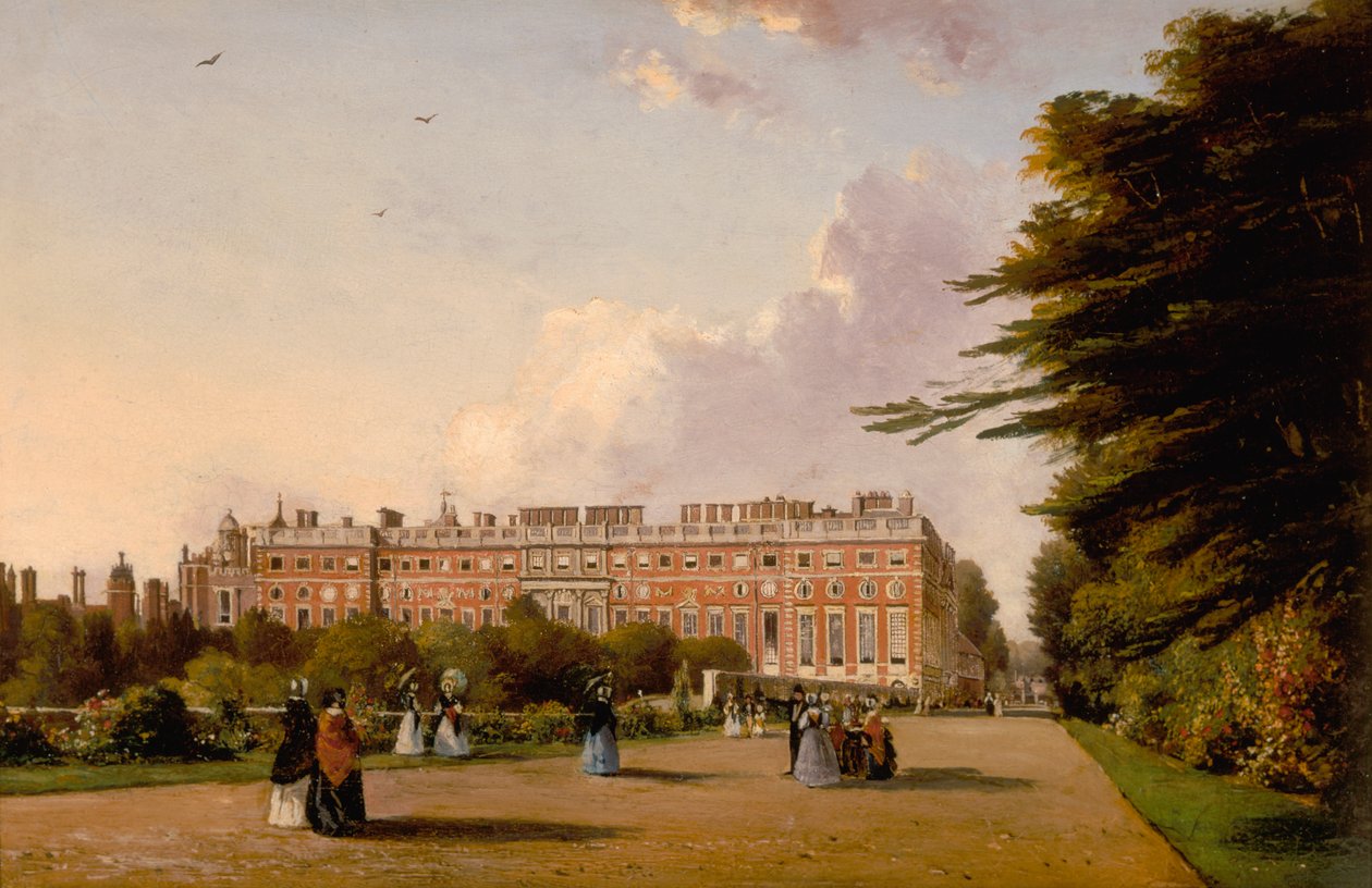 Utsikt over sørfronten til Hampton Court Palace fra Broad Walk, ca. 1827-49 (olje på lerret) av George Hilditch