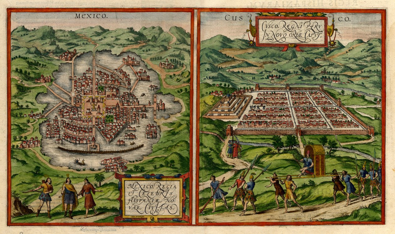 Utsikt over Mexico by (tidligere Tenochtitlán) og Cusco av George & Hogenberg Frans & Pinet Antoine du Braun