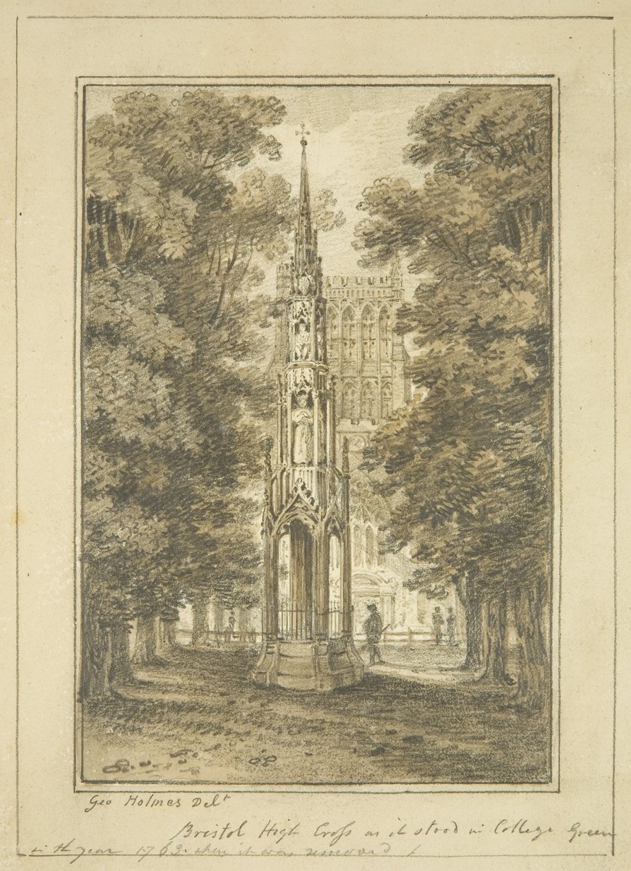 Bristol High Cross slik det sto i College Green i 1763 (blyant og akvarell på papir) av George Holmes