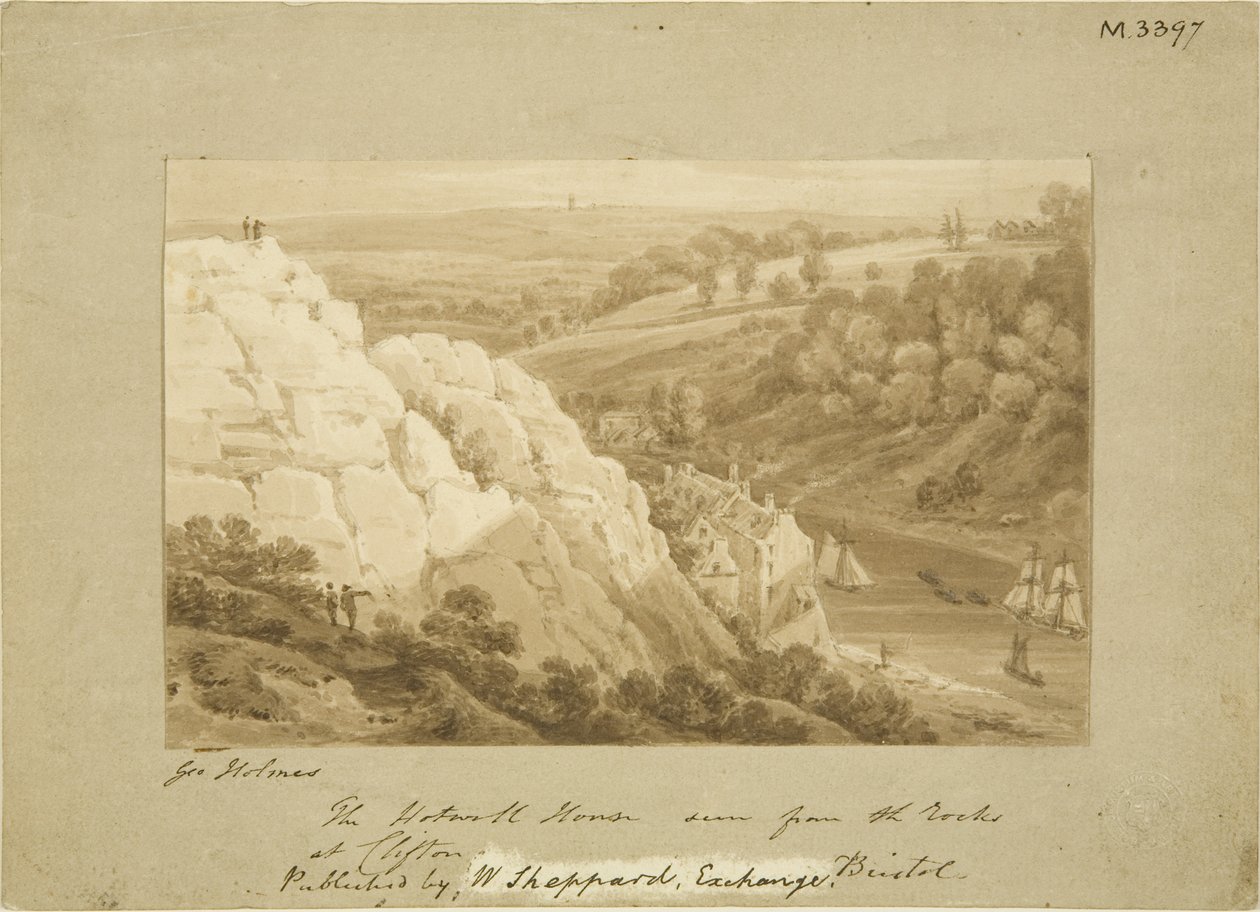 Hotwell House fra Clifton Rocks, c1815 (blyant og akvarell på papir) av George Holmes