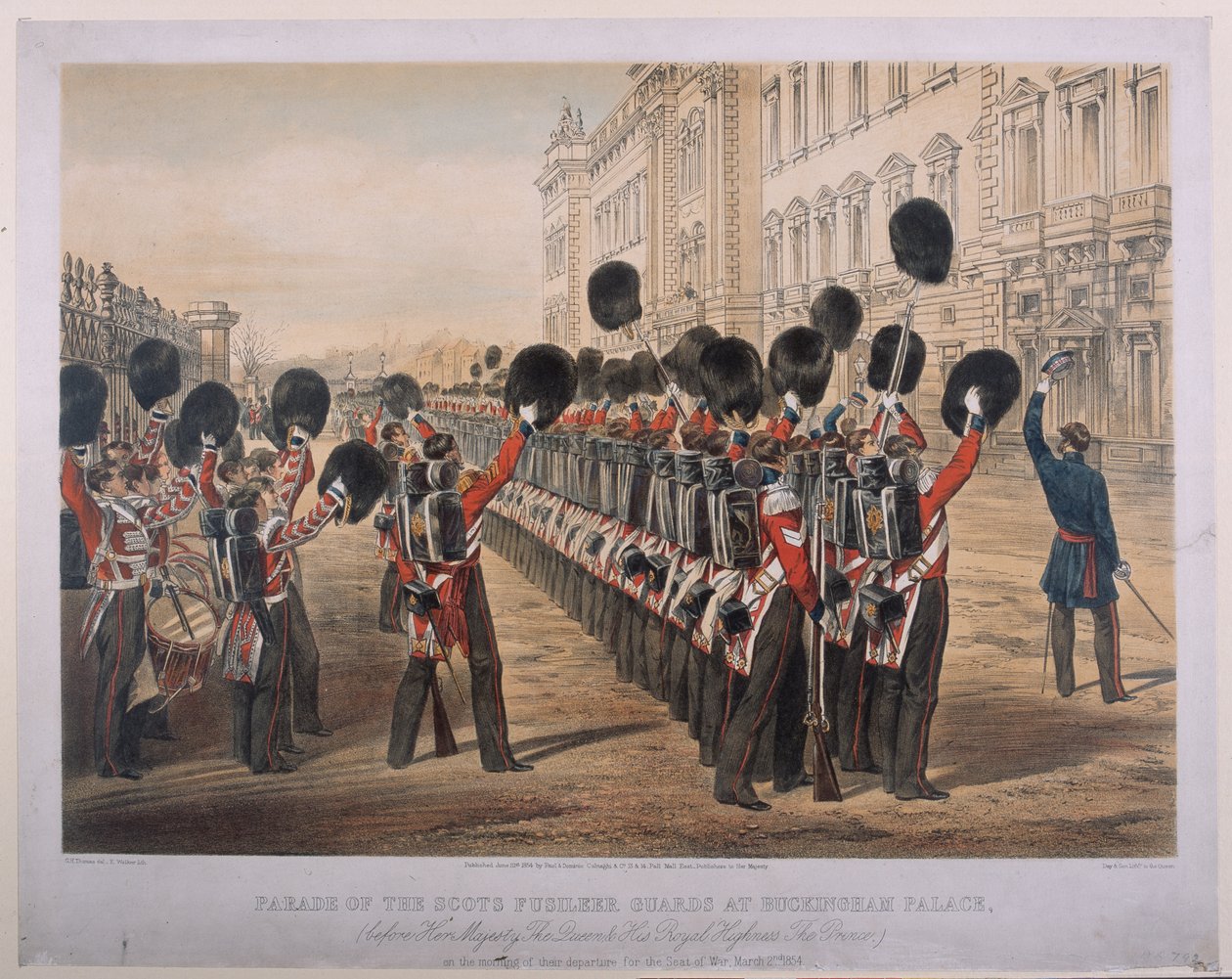 Parade av de skotske Fusilier-vaktene ved Buckingham Palace om morgenen deres avreise til Krigssetet, 2. mars 1854, gravert av E. Walker, utgitt av Colnaghi und Co., 1854 av George Housman Thomas