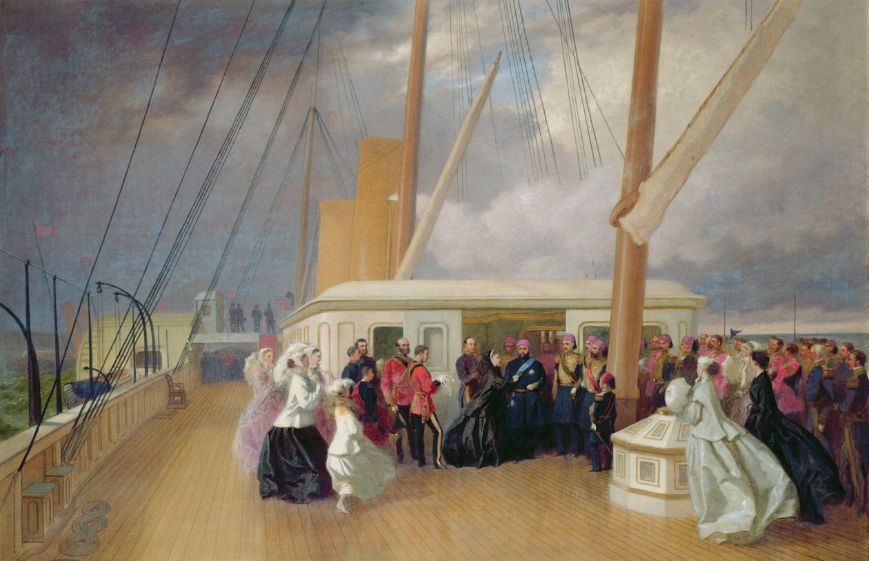 Dronning Victoria investerer sultanen med strømpebåndsordenen om bord på Royal Yacht, 17. juli 1867, 1867 av George Housman Thomas