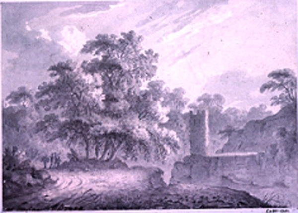En landevei med reisende ved siden av et tårn, bygget på en steinete klippe, ved Marino, nær Lake Albano av George Howland Beaumont