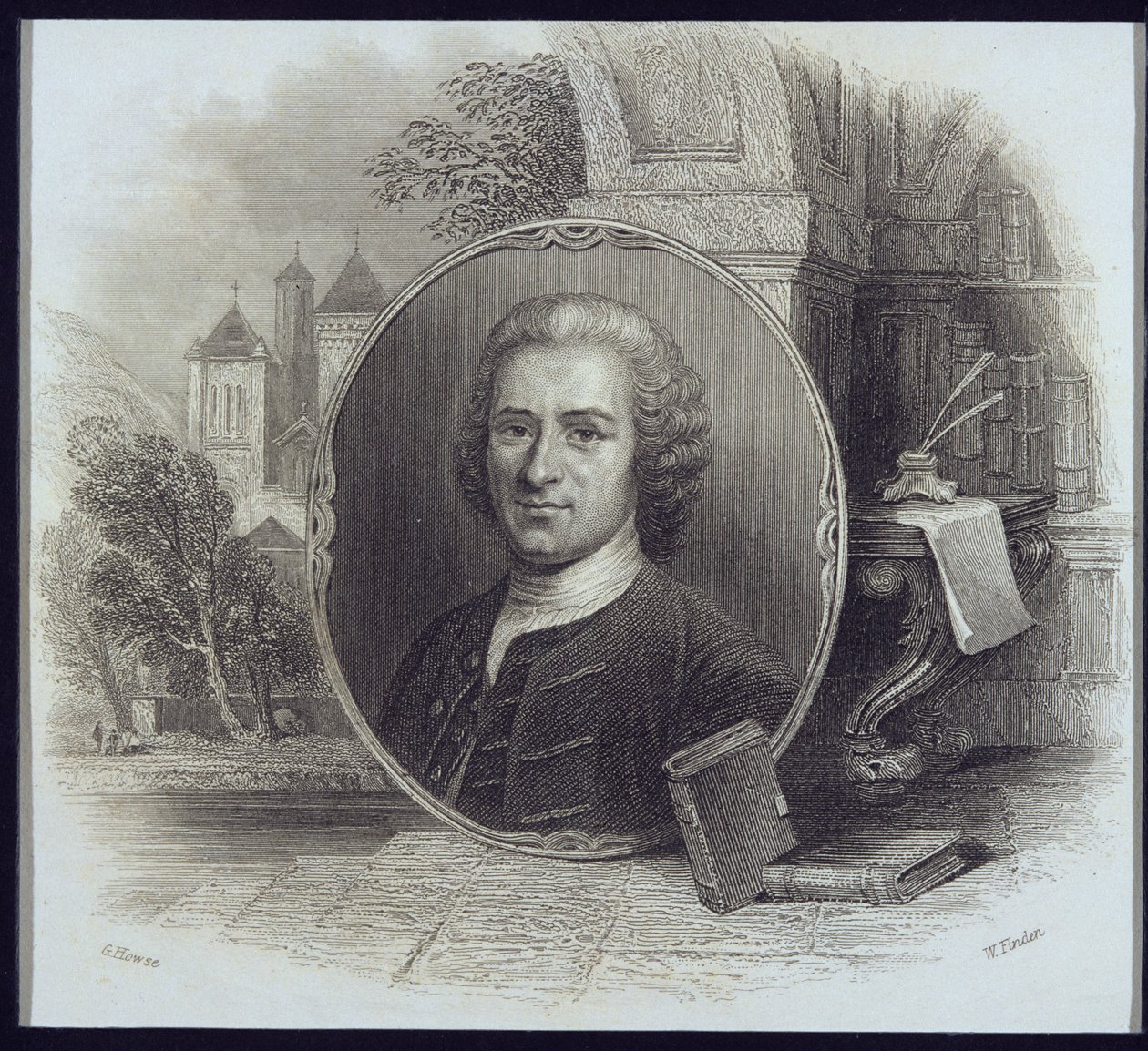 Portrett av Jean Jacques Rousseau (1712-78), gravert av William Finden (1787-1852) av George Howse