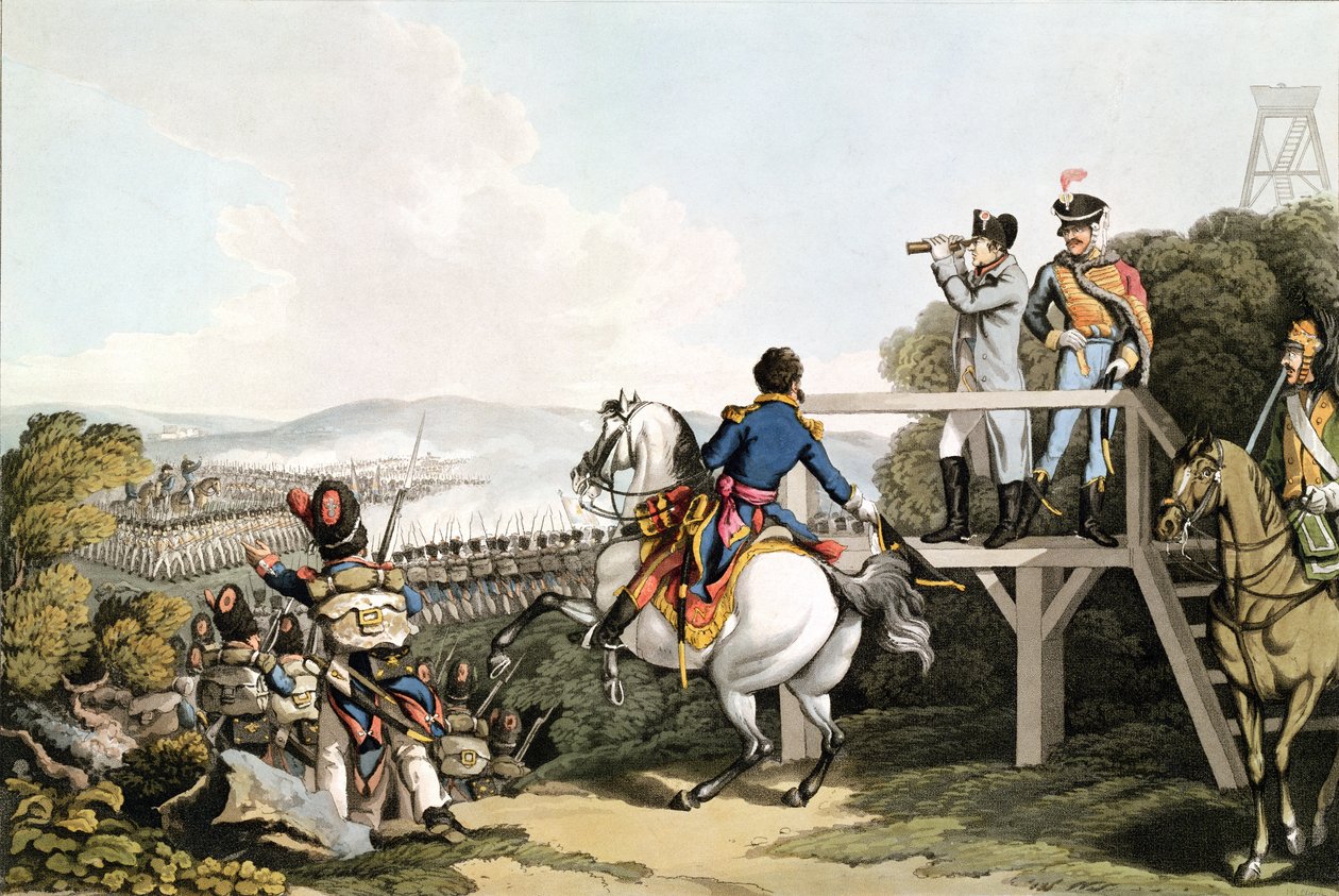 Bonaparte (1769-1821) Rett før hans flukt, ser på angrepet av hans keiserlige garde, Waterloo, 18. juni 1815, gravert av Matthew Dubourg (fl.1813-20) av George Hum
