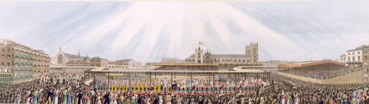 Utsikt over kroningsprosesjonen til kong George IV fra Westminster Hall til Abbey, 19. juli 1821 (akvatint) av George Humphrey