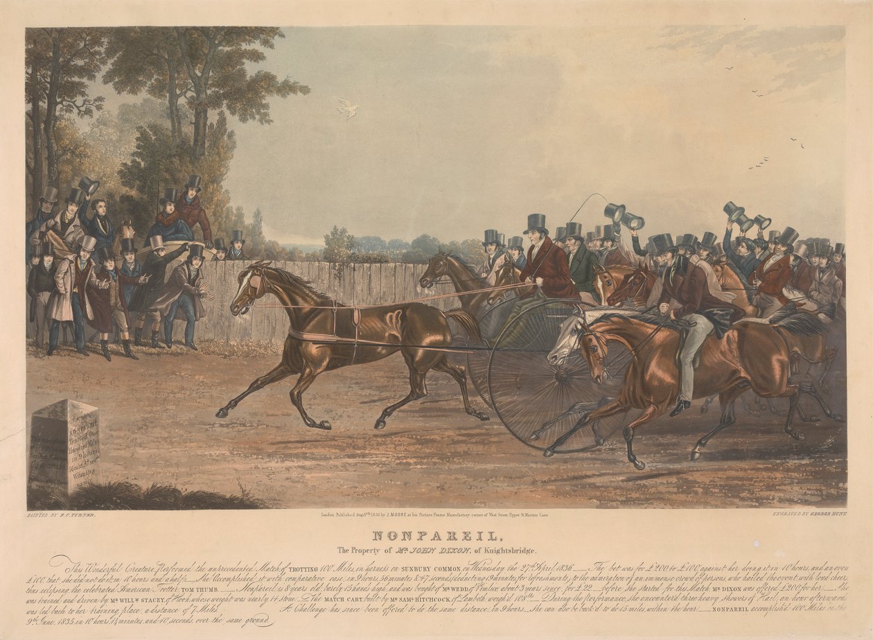 "Nonpareil" / The Property of Mr. John Dixon of Knightsbridge / This Wonderful Creature, Utførte den enestående kampen, Trav 100 Miles i sele på Sunbury Common, onsdag 27. april, 1836. ... av George Hunt