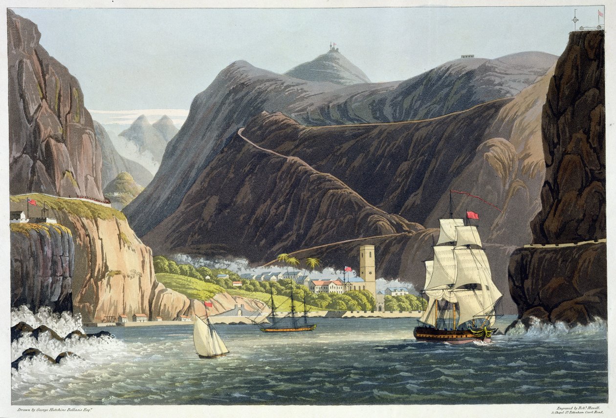 The Roads, St. Helena, gravert av Robert Havell (1793-1878) 1815 (fargegravering) av George Hutchins Bellasis