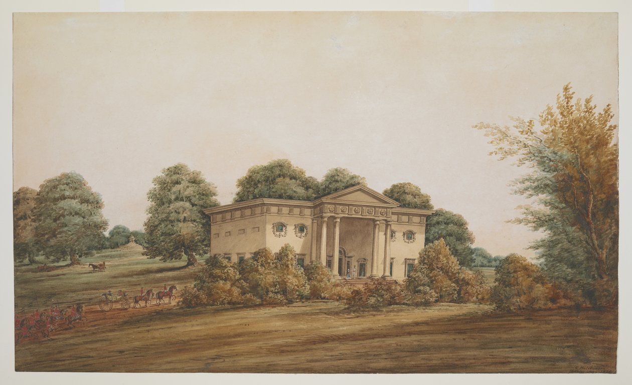 Et palladisk hagehus i et parklignende landskap, Delhi, med en vogn og outriders som nærmer seg av George Hutchinson