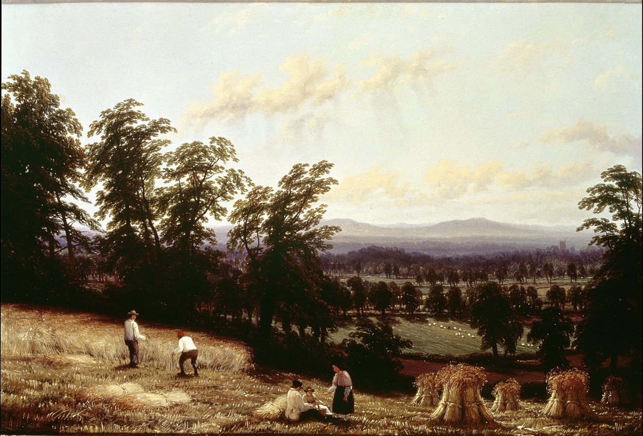Høystakker nær en elv, nær Harford, Warwickshire, 1872 av George II Turner