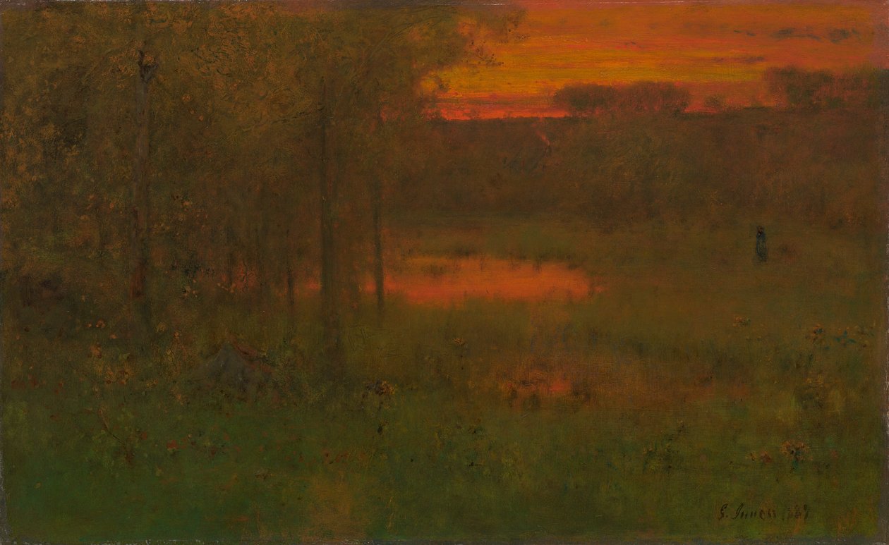 Landskap, solnedgang av George Inness