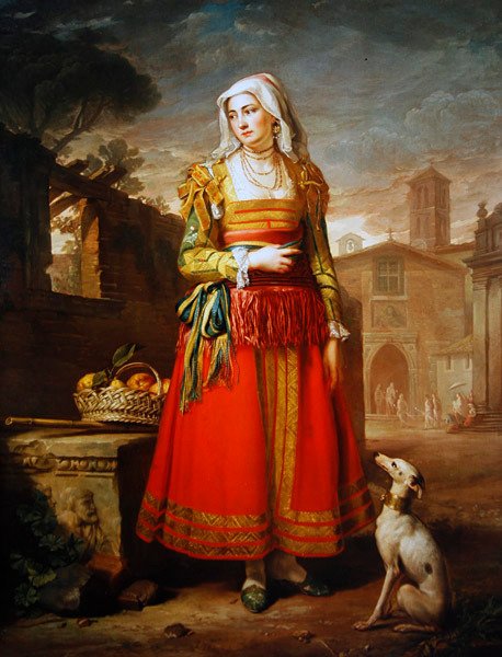 Portrait of a Lady, full lengde, kledd i italiensk kostyme (olje på lerret) av George James