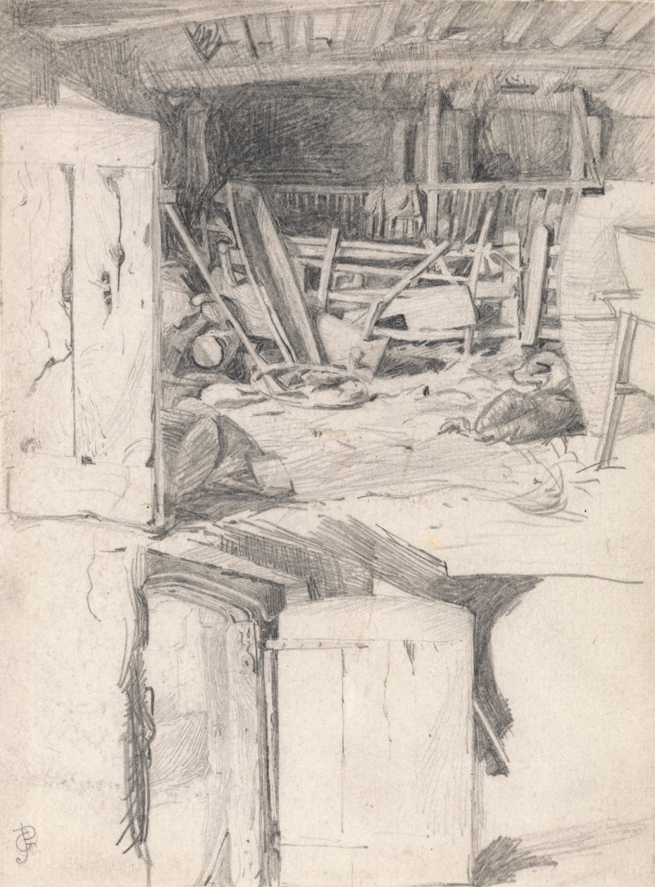 Studie for "The Goose", 1867: Interiør i en låve av George John Pinwell