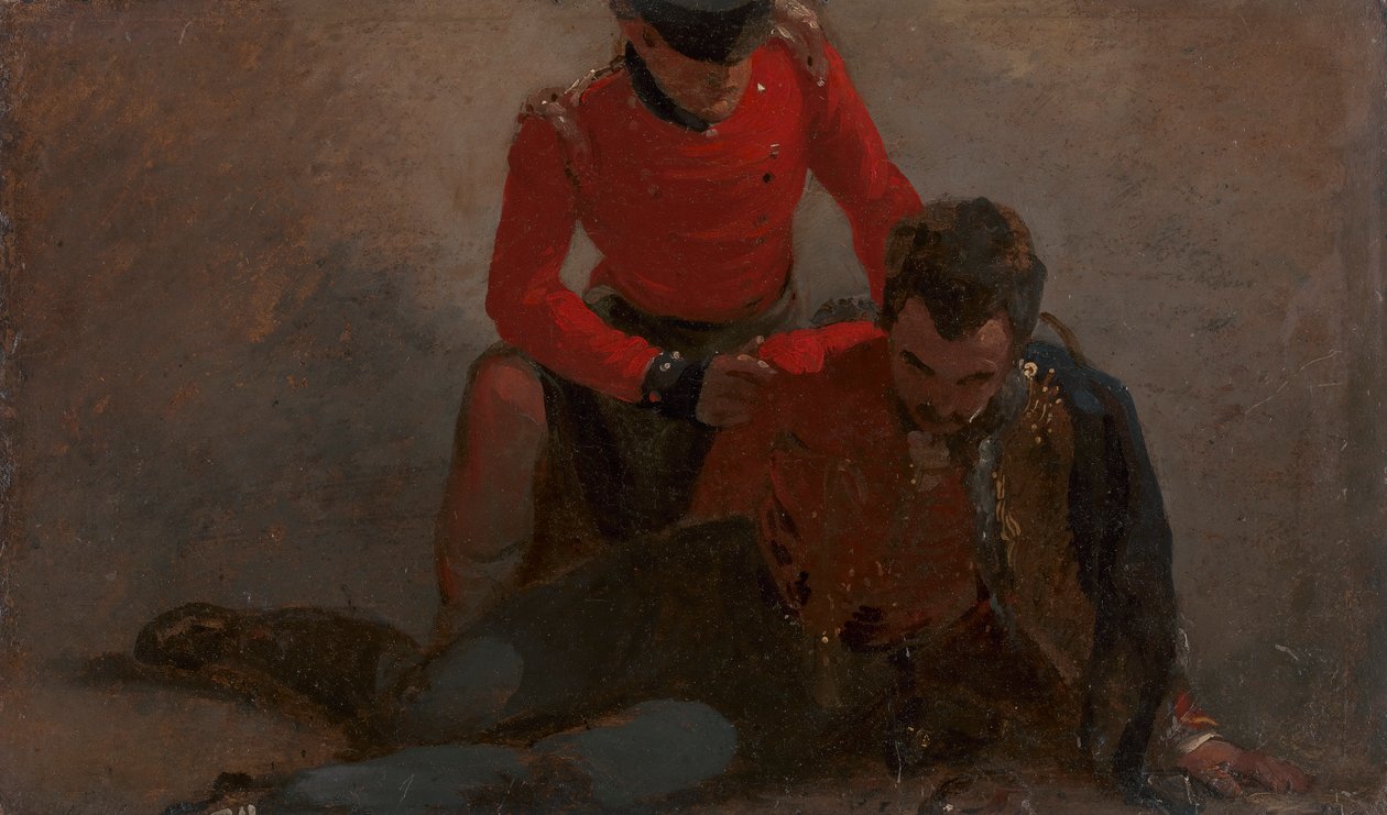 En 42. høylander som deltar på en general fra de 7. husarene, muligens Henry William Bayly, første jarl av Uxbridge, senere først markis av Anglesey: en studie for 'Slaget ved Waterloo' av George Jones