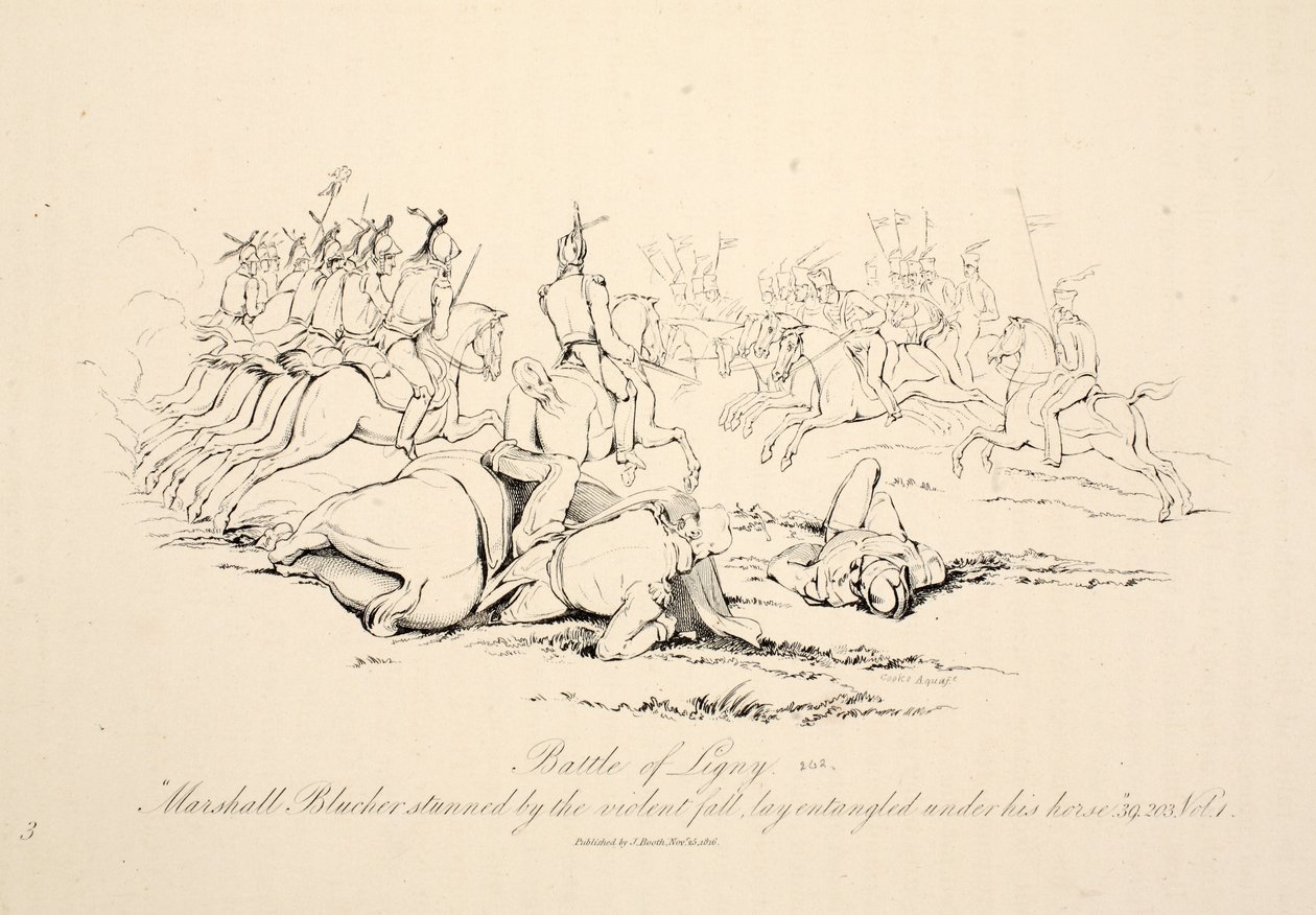 Slaget ved Ligny: Marshall Blucher lamslått av det voldsomme fallet lå viklet inn under hesten hans, puben J. Booth, 1816 av George Jones