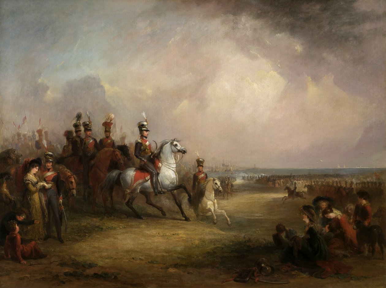 Oberst Sir John Leicester, Bt, og Kings Cheshire Yeomanry Cavalry øver på sanden i Liverpool av George Jones
