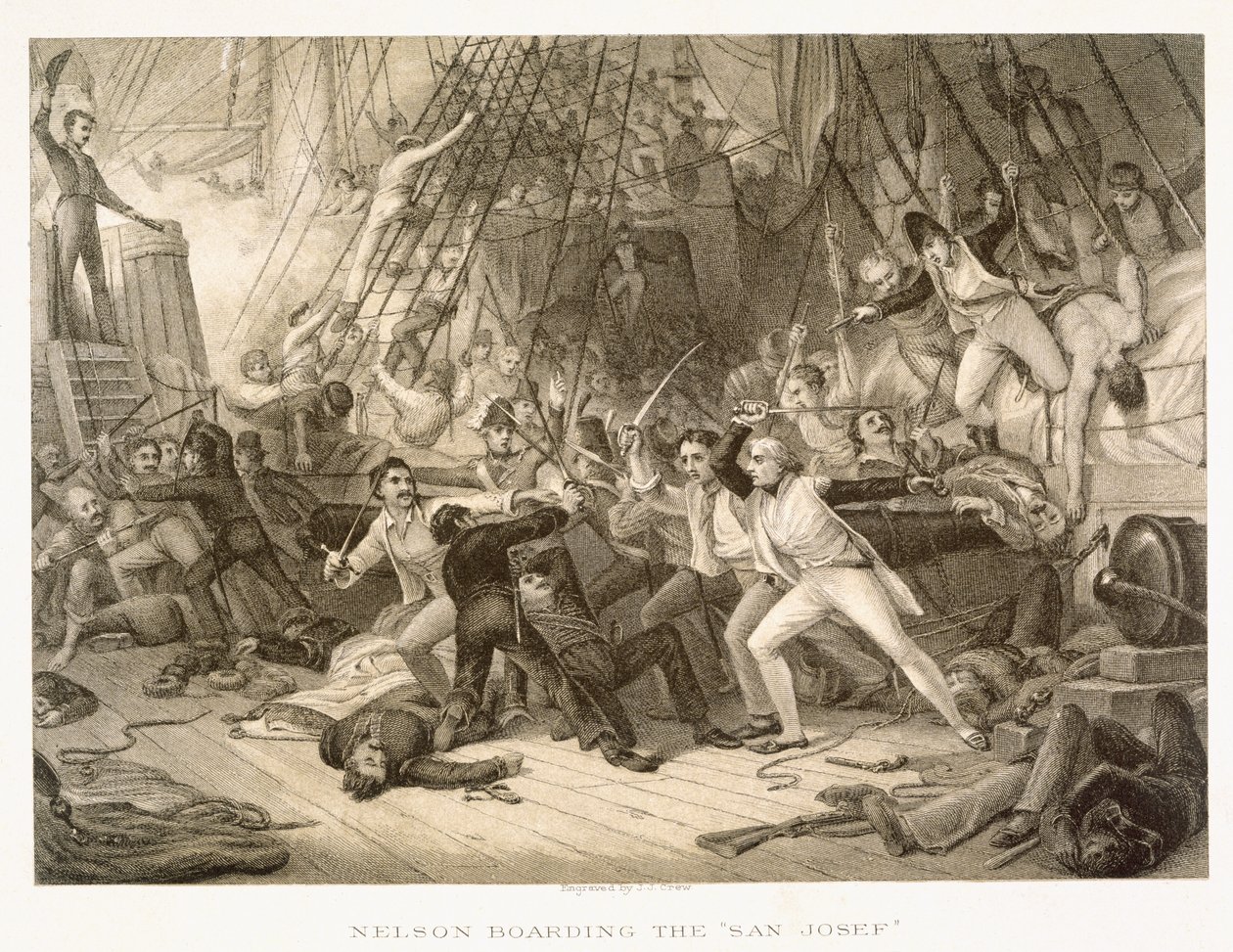 Horatio Nelson går ombord på San Josef i slaget ved Cape St Vincent, 14. februar 1797, gravert av John Crew etter originalen i Greenwich Hospital Collection av George Jones