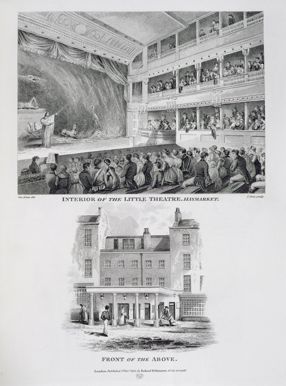 Interiør av Little Theatre, Haymarket i London og Front of the Above, gravert av James Stow (ca. 1770-1820) 1815 av George Jones