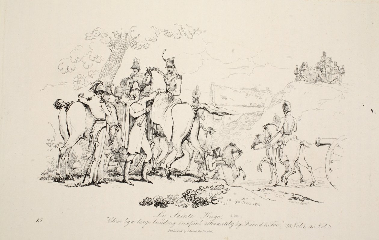 La Sainte Haye: Like ved en stor bygning okkupert vekselvis av Friend and Foe, pub. J. Booth, 1816 av George Jones