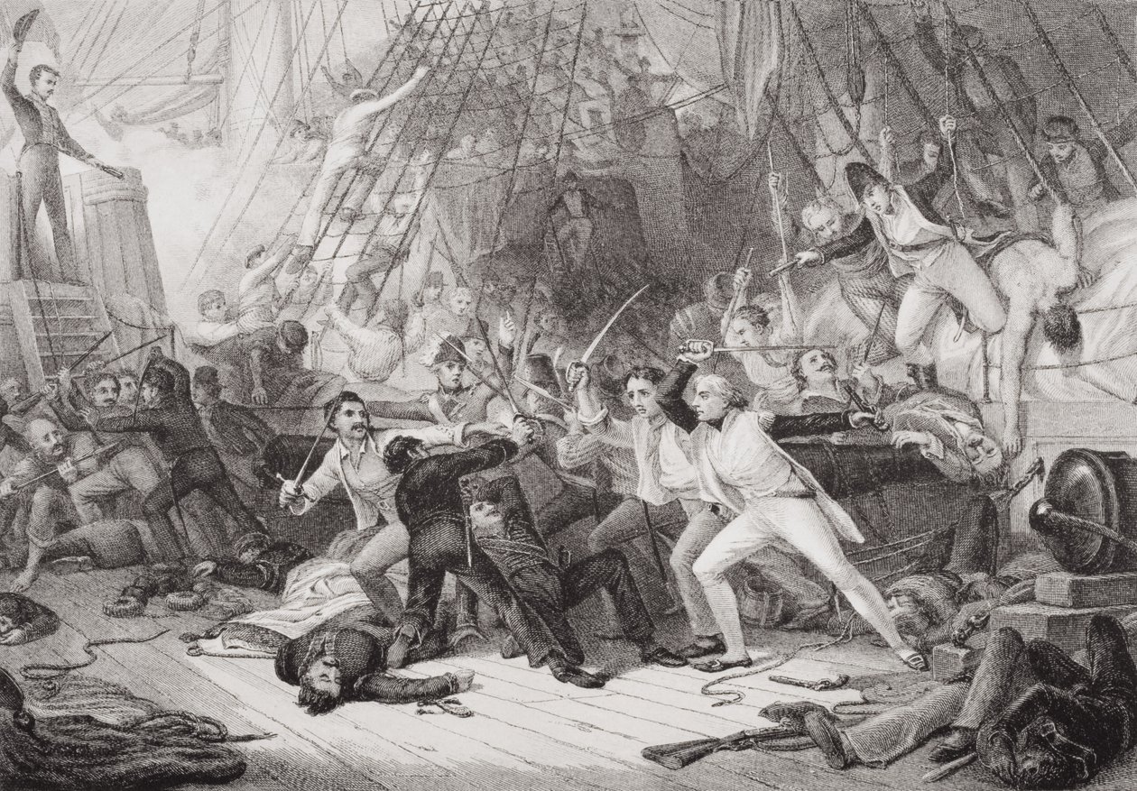 Nelson går ombord på San Josef i slaget ved St. Vincent, 14. februar 1797, fra "Illustrasjoner av engelsk og skotsk historie" bind II av George Jones