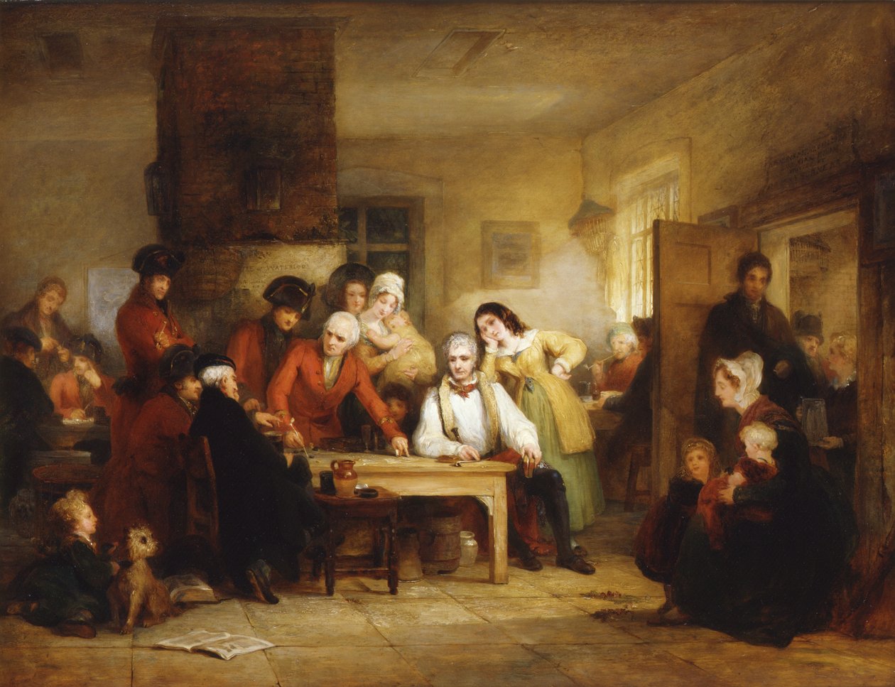 The Smoking House at Chelsea Hospital: Pensjonister som beskriver slaget ved Corunna, 1834 av George Jones