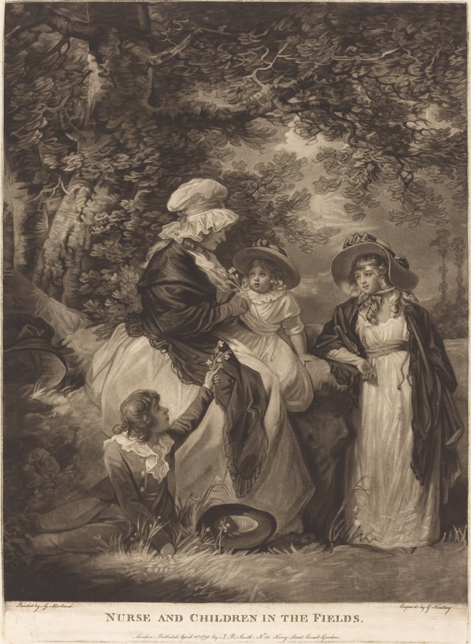Sykepleier og barn i felten av George Keating after George Morland