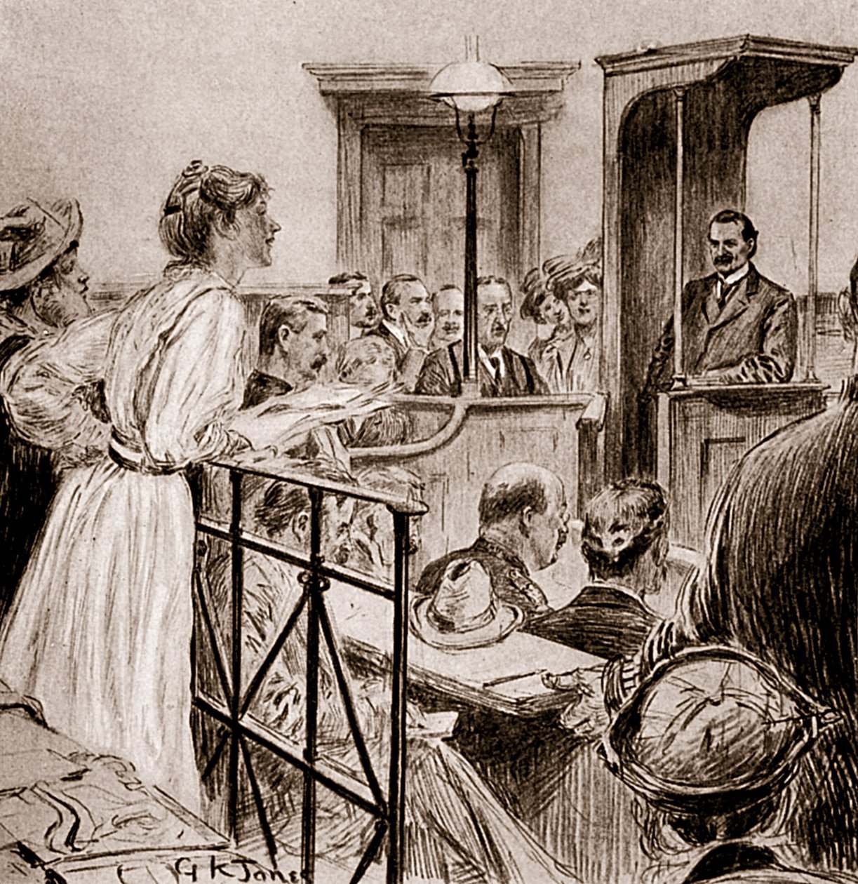 Frøken Christabel Pankhurst avhørte Herbert Gladstone, 1909 (tegning) av George Kingston Jones