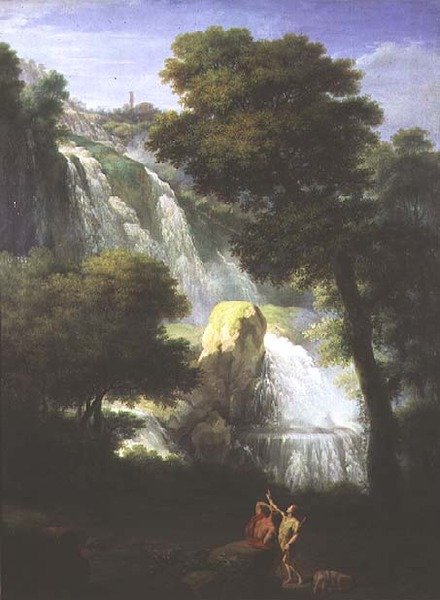 En utsikt over fossen i Terni med klassiske figurer i forgrunnen av George Knapton