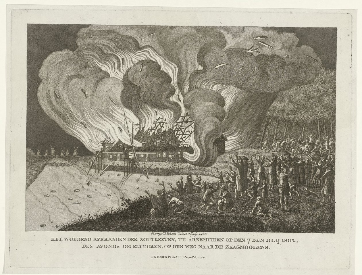 Brann i saltkjeden ved Arnemuiden, 7. juli 1802 av George Kockers