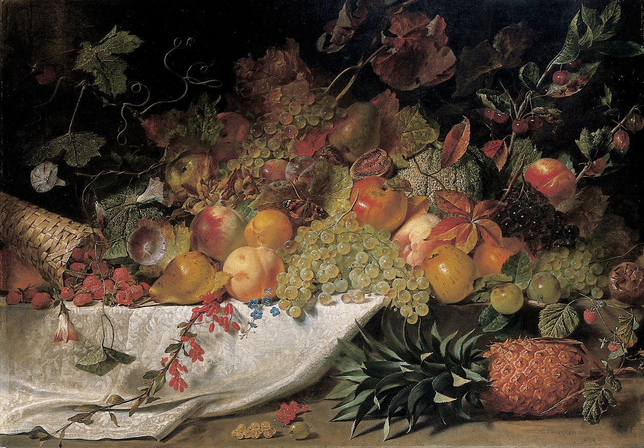 Frukt og blomster på en steinhylle, 1829 av George Lance