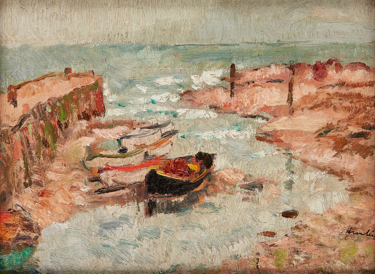 Strandede båter, Lower Largo (olje på panel) av George Leslie Hunter